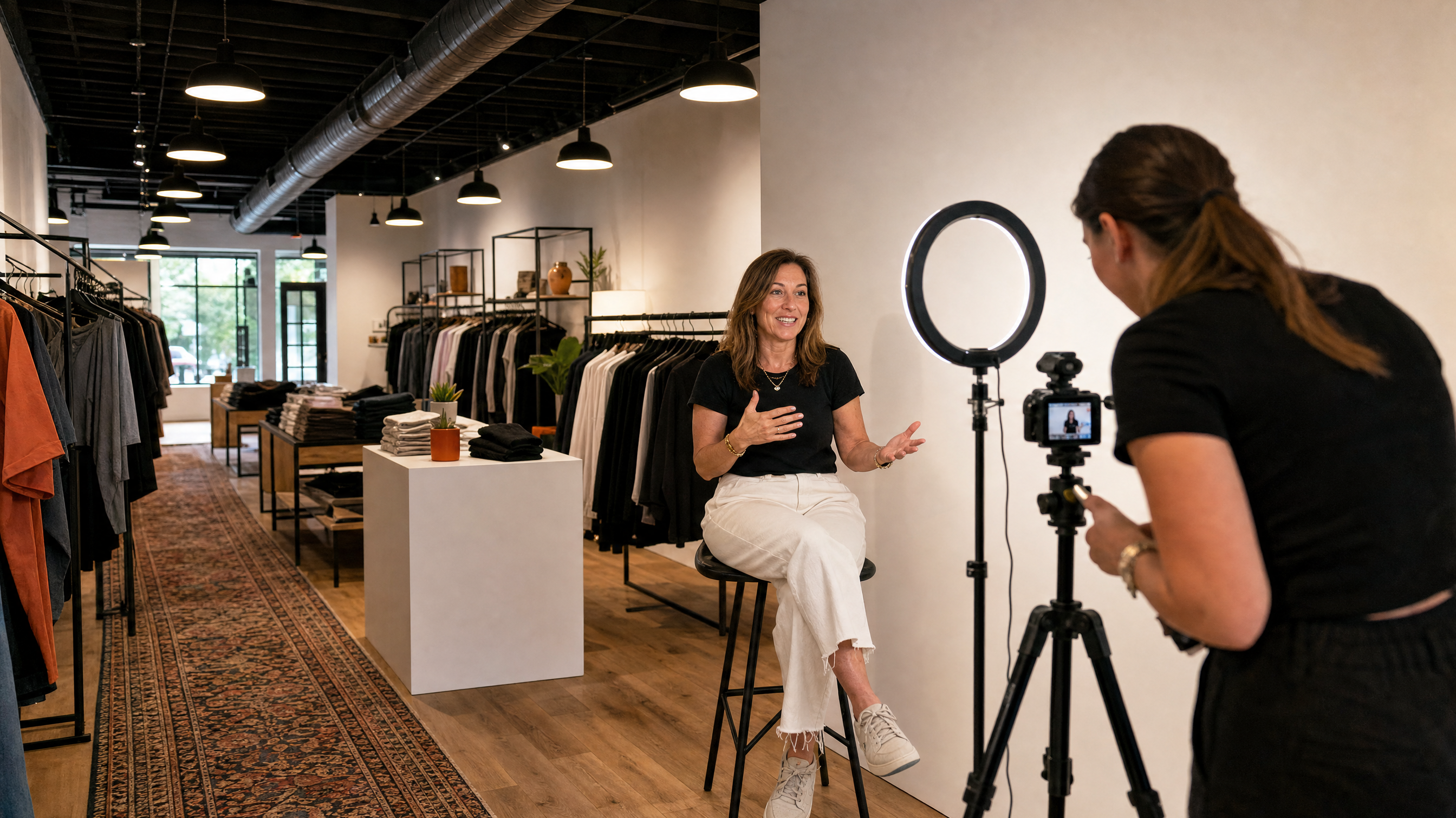 A woman gives a video testimonial in the media corner of the Intelligent Threads Fredericksburg store