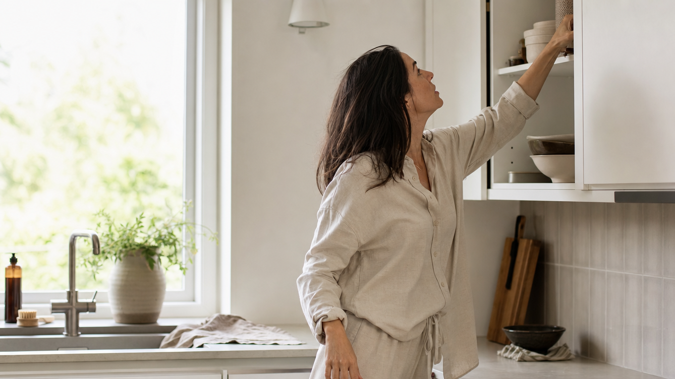 A woman caught mid-reach into a kitchen cabinet, natural and unguarded, weight settled evenly — a candid moment of everyday functional posture.