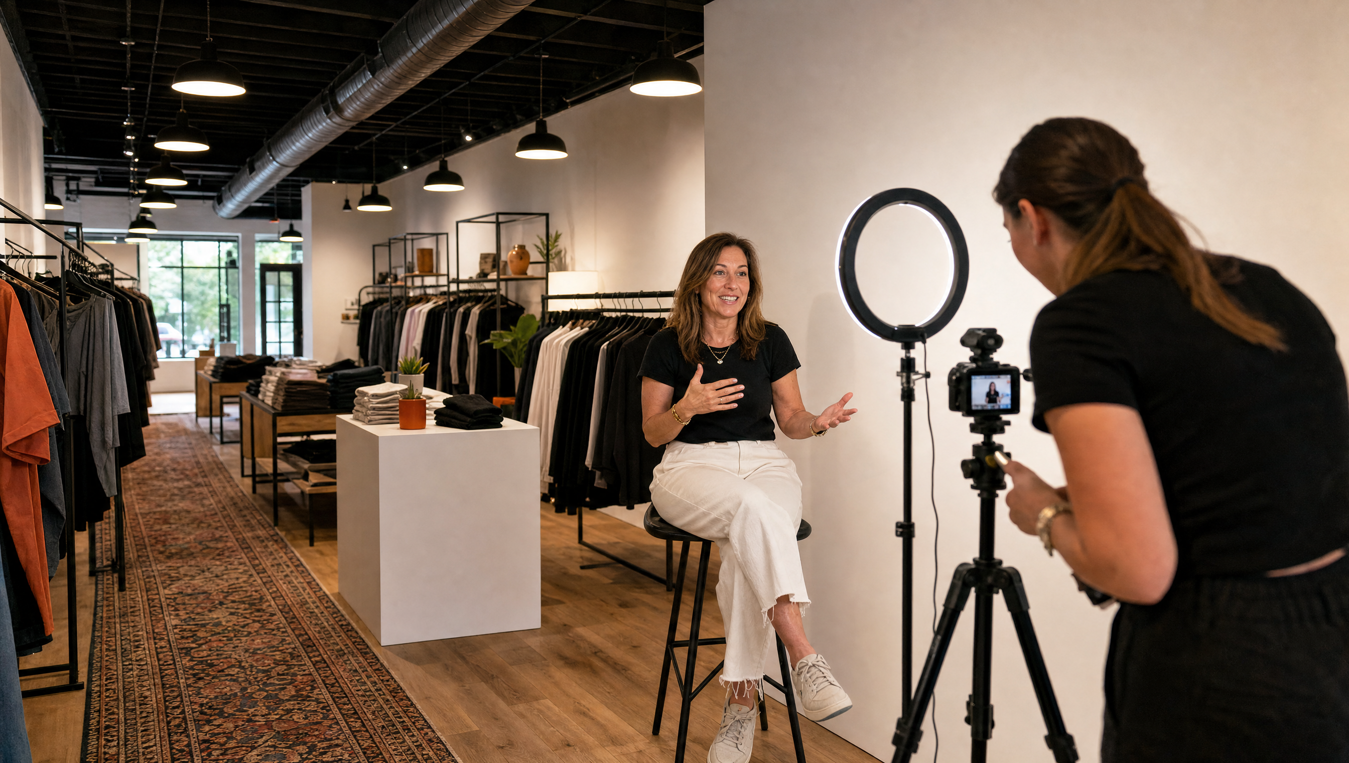 A woman gives a video testimonial in the media corner of the Intelligent Threads Fredericksburg store