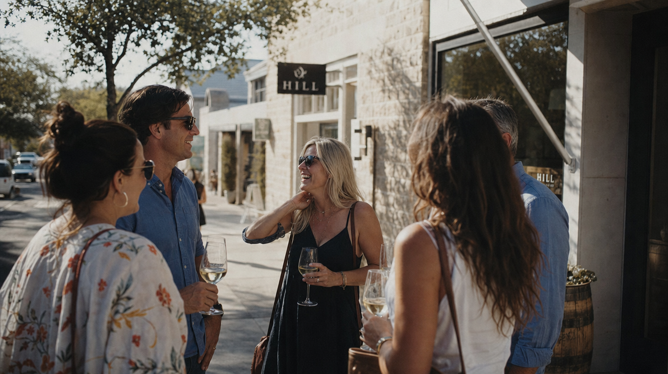A small group gathered on the sidewalk outside the Intelligent Threads Fredericksburg store, holding wine glasses, mid-conversation on a Saturday morning